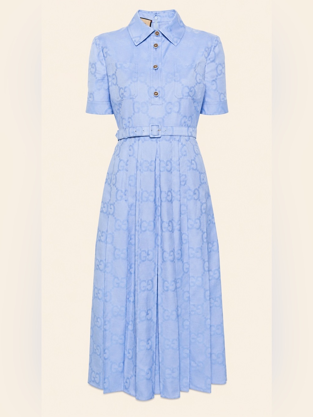 ✨ NWT Gucci Light Blue GG Supreme Monogram Pleated Belted Midi Shirt Dress